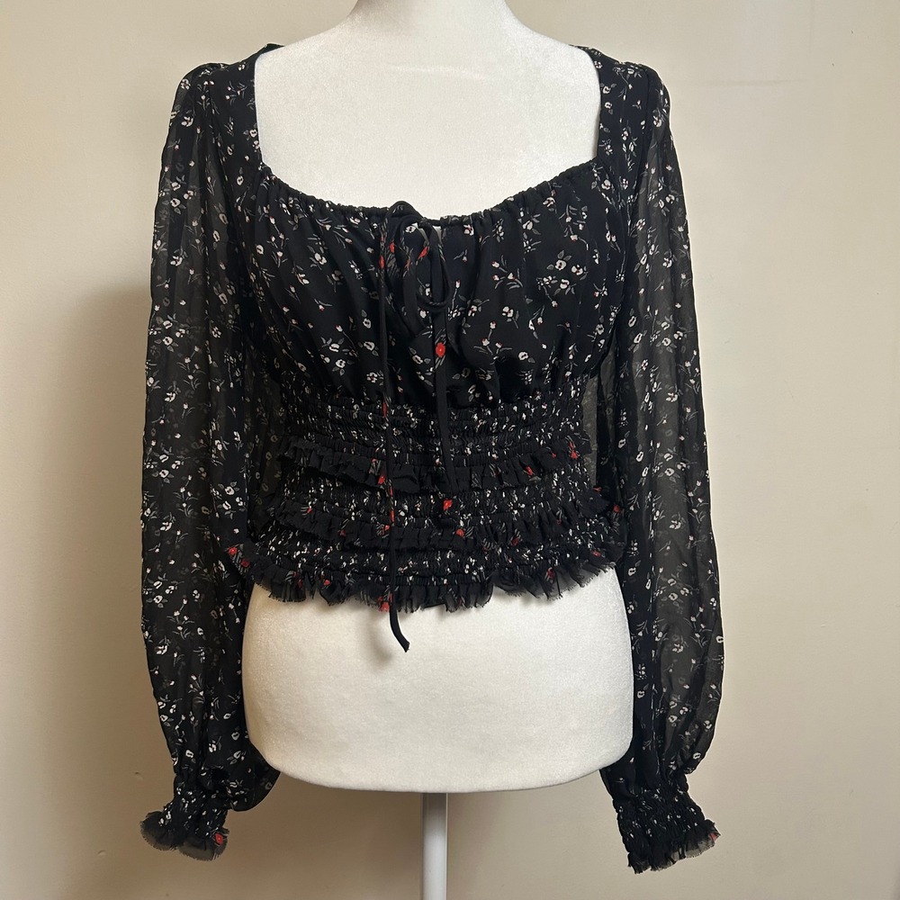 Black Floral Smocked Ruched Square Neck Tie Front Sheer Long Sleeve Crop Top